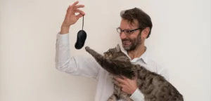 Dave Meyer and his cat reaching for his computer mouse
